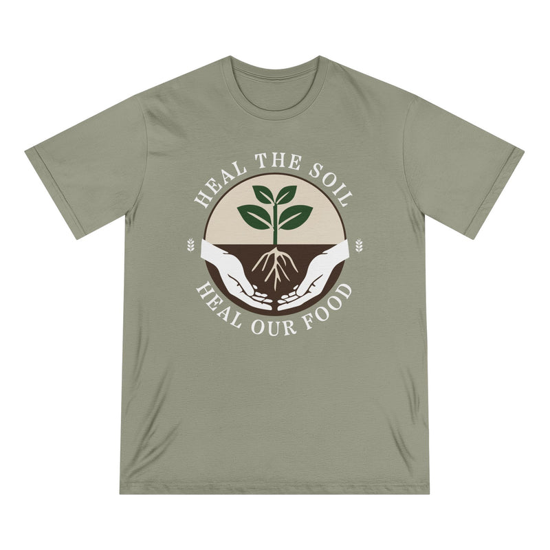 Heal the Soil 100% Cotton Organic Tee — in Eucalyptus — organic cotton, 100% cotton