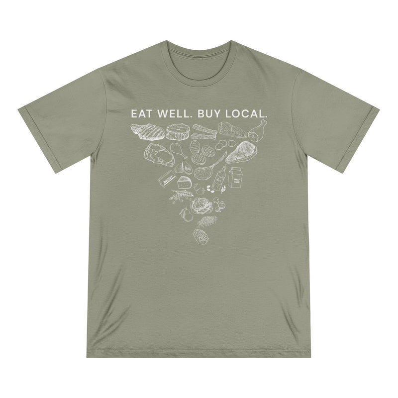 Eat Well. Buy Local. 100% Organic Cotton Tee — in Eucalyptus — organic cotton