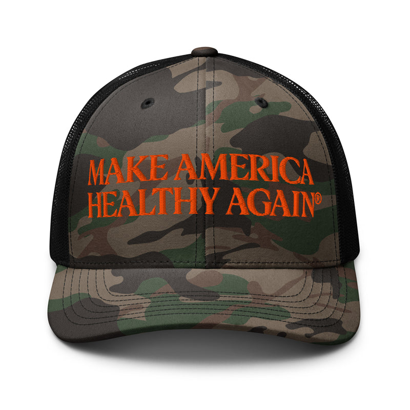 Make America Healthy Again® Camouflage Trucker Hat — in Camo/Black — with American flag