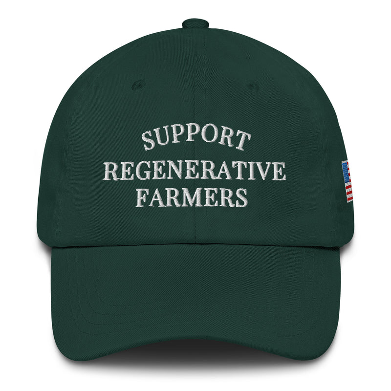 Support Regenerative Farmers w/Flag Embroidered Dad Hat — in Spruce — embroidered, with American flag