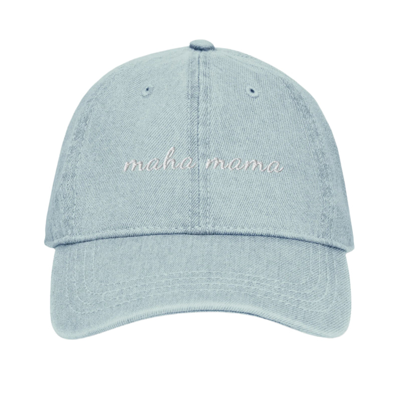 MAHA Mama Embroidered Denim Hat — in Light Blue — embroidered, denim