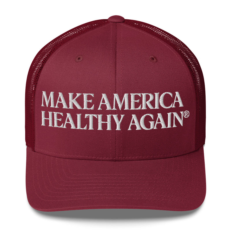 Make America Healthy Again® Embroidered Trucker Cap — in Cranberry — embroidered