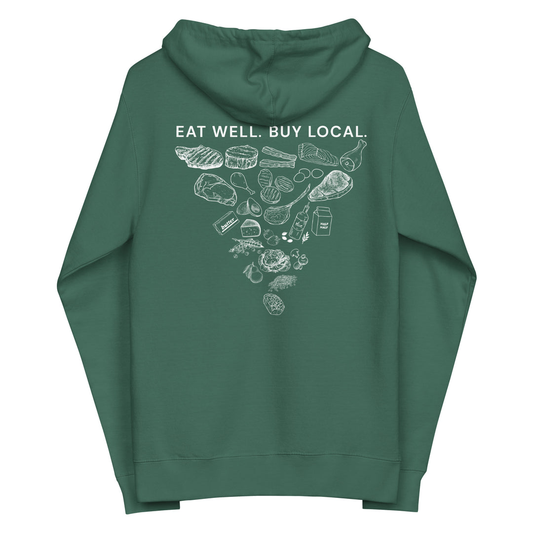 Eat Well. Buy Local. Unisex Fleece Zip Up Hoodie
