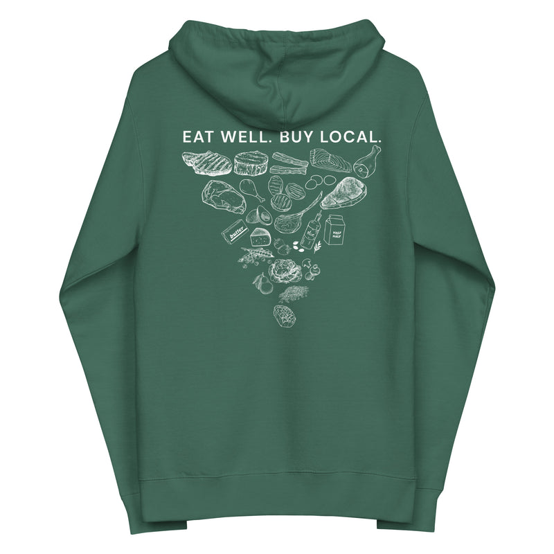 Eat Well. Buy Local. Unisex Fleece Zip Up Hoodie