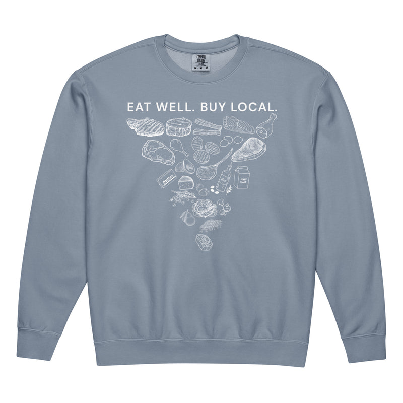 Eat Well. Buy Local. Unisex Lightweight Crewneck Sweatshirt — in Blue Jean