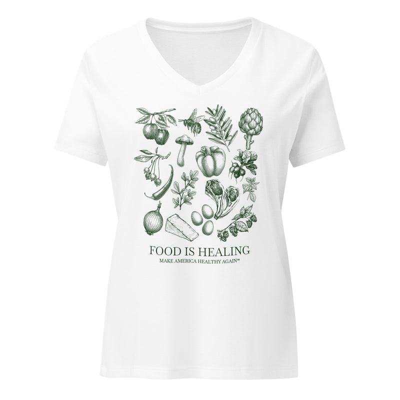 Food Is Healing Women’s Relaxed V-Neck Tee — in Solid White Blend
