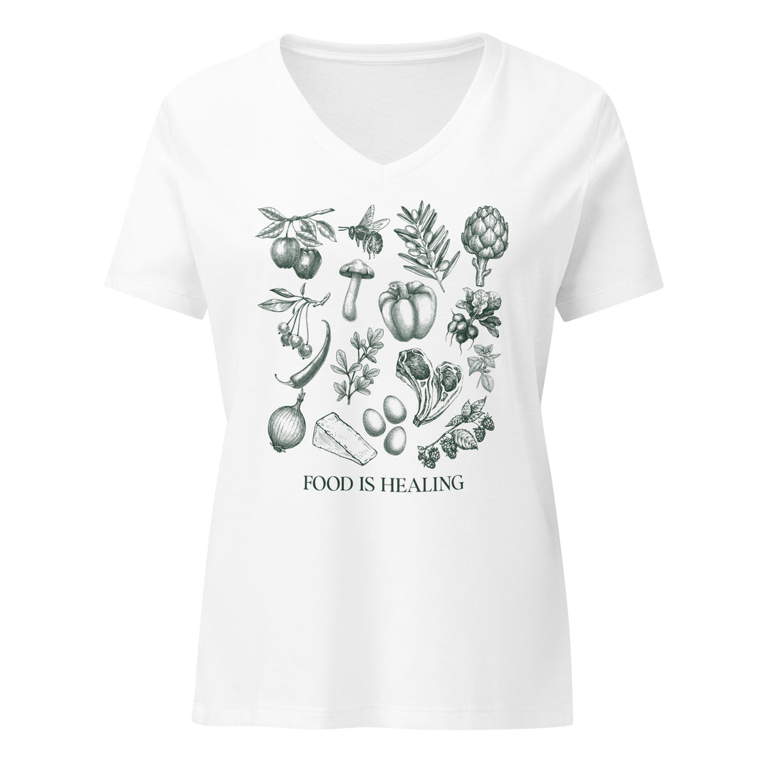 Food Is Healing Women’s Relaxed V-Neck Tee — cotton t-shirt