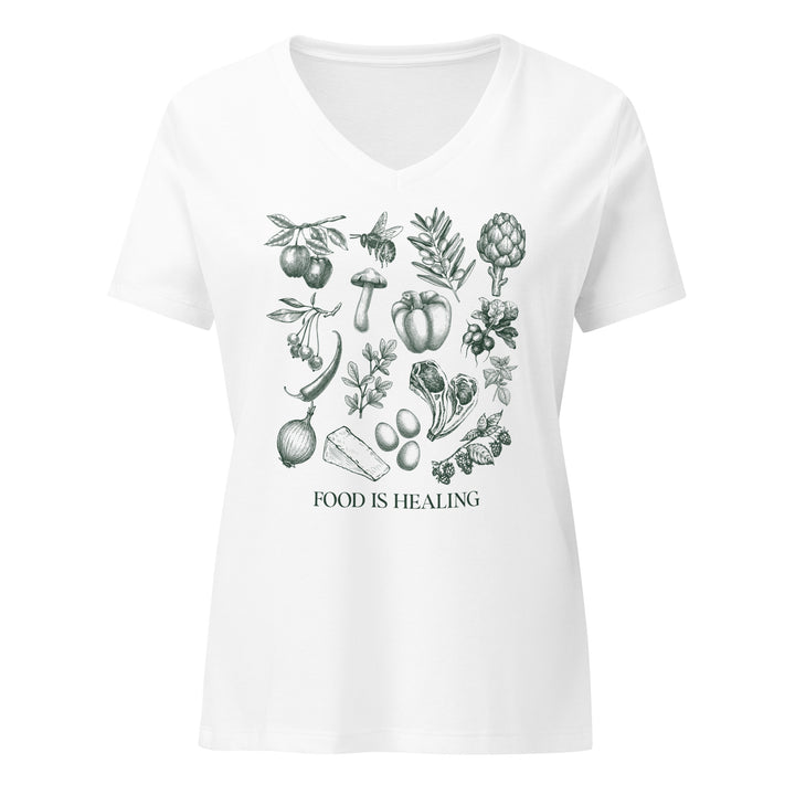 Food Is Healing Women’s Relaxed V-Neck Tee — cotton t-shirt